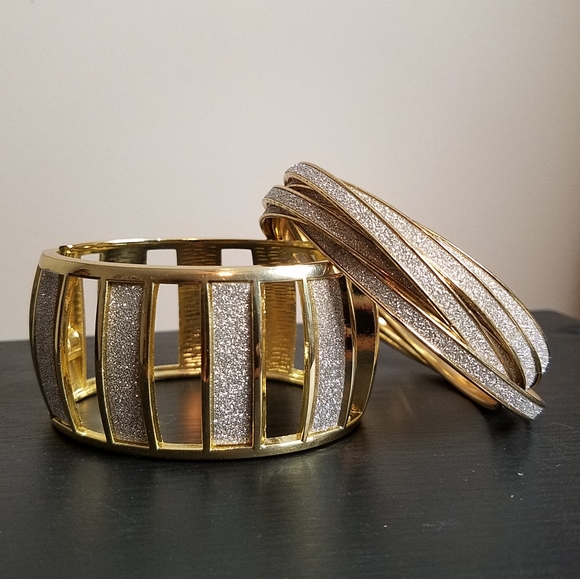 Sparkle Bracelet Bangle Set Gold Silver - Picture 1 of 9